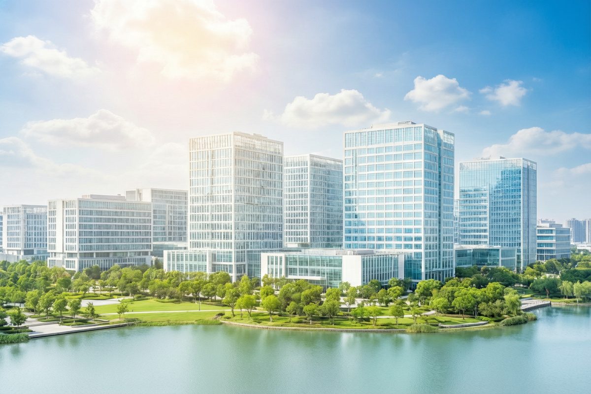 晴天下的苏州工业园区现代科技办公楼群与滨水绿地景观